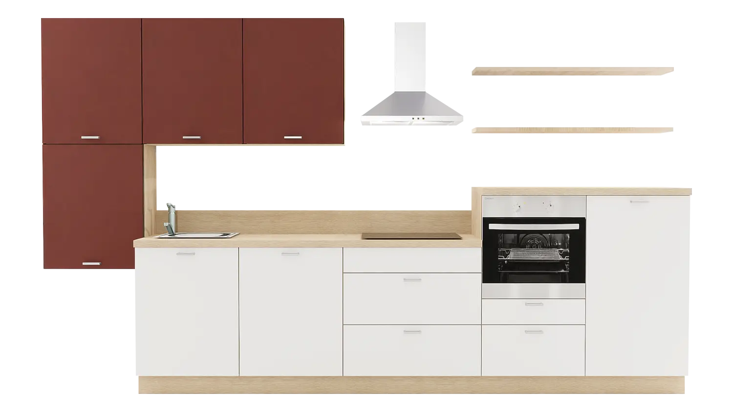 Express Küchenzeile mit Geräten in Weiß & Karminrot & Wildeiche: 380 cm, Spüle links | Küchenblock "EXK530-4-1-l"