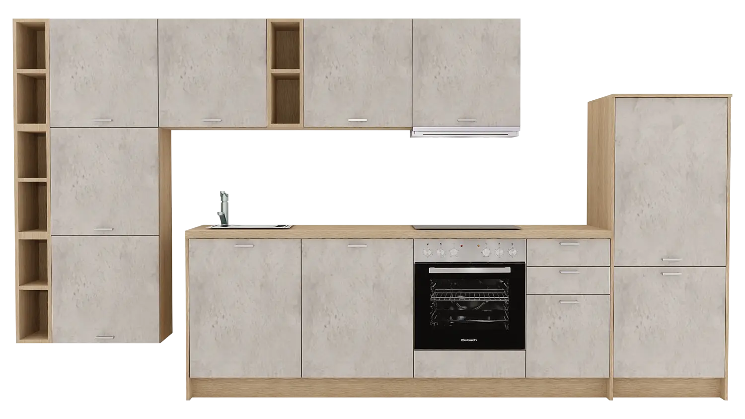Express Küchenzeile mit Geräten in Beton hell & Wildeiche: 389 cm, Spüle links | Küchenblock "EXK560-1-1-l"