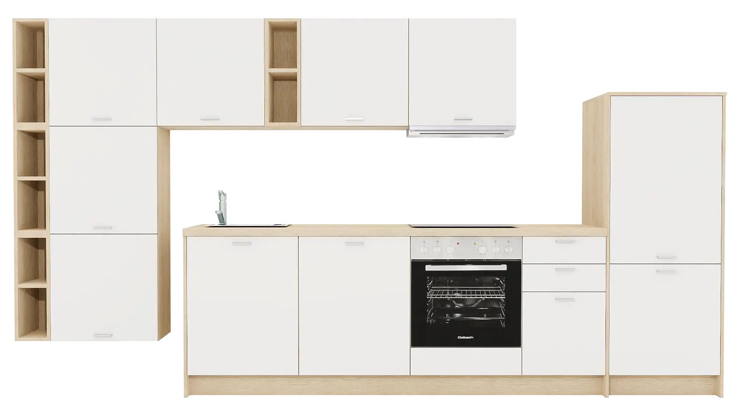 Express Küchenzeile mit Geräten in Weiß & Wildeiche: 389 cm, Spüle links | Küchenblock "EXK560-2-1-l"