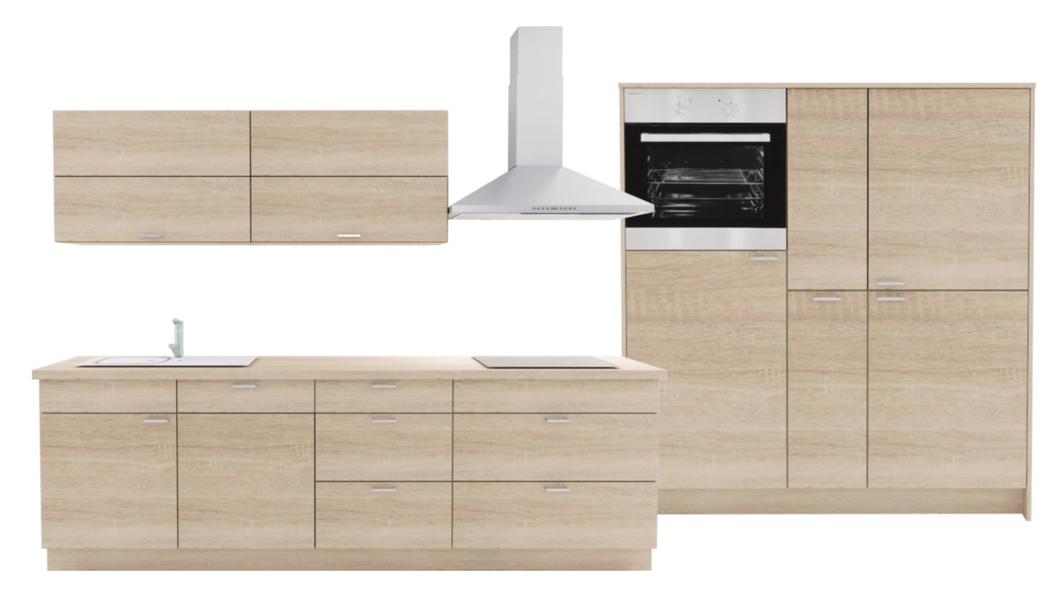 Express Küche mit Geräten in Bergeiche: zweizeilig, 274x154 cm, 428 cm, Spüle links | Doppelblock "EXK30-5-1-l"