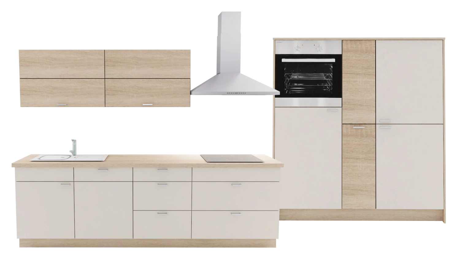 Express Küche mit Geräten in Crema & Bergeiche: zweizeilig, 274x154 cm, 428 cm, Spüle links | Doppelblock "EXK30-1-1-l"