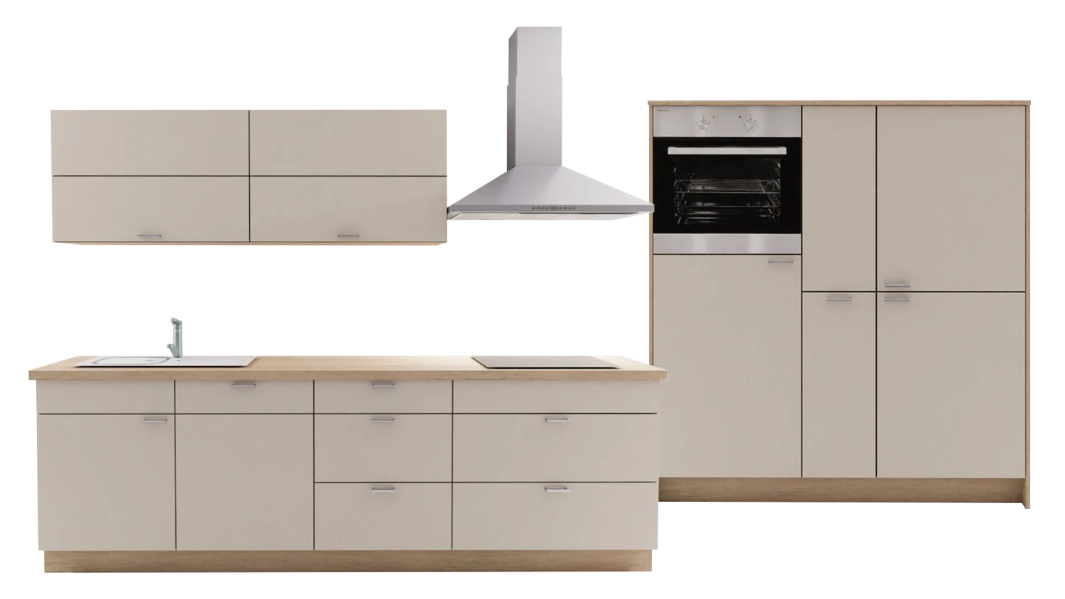 Express Küche mit Geräten in Crema & Bergeiche: zweizeilig, 274x154 cm, 428 cm, Spüle links | Doppelblock "EXK30-2-1-l"