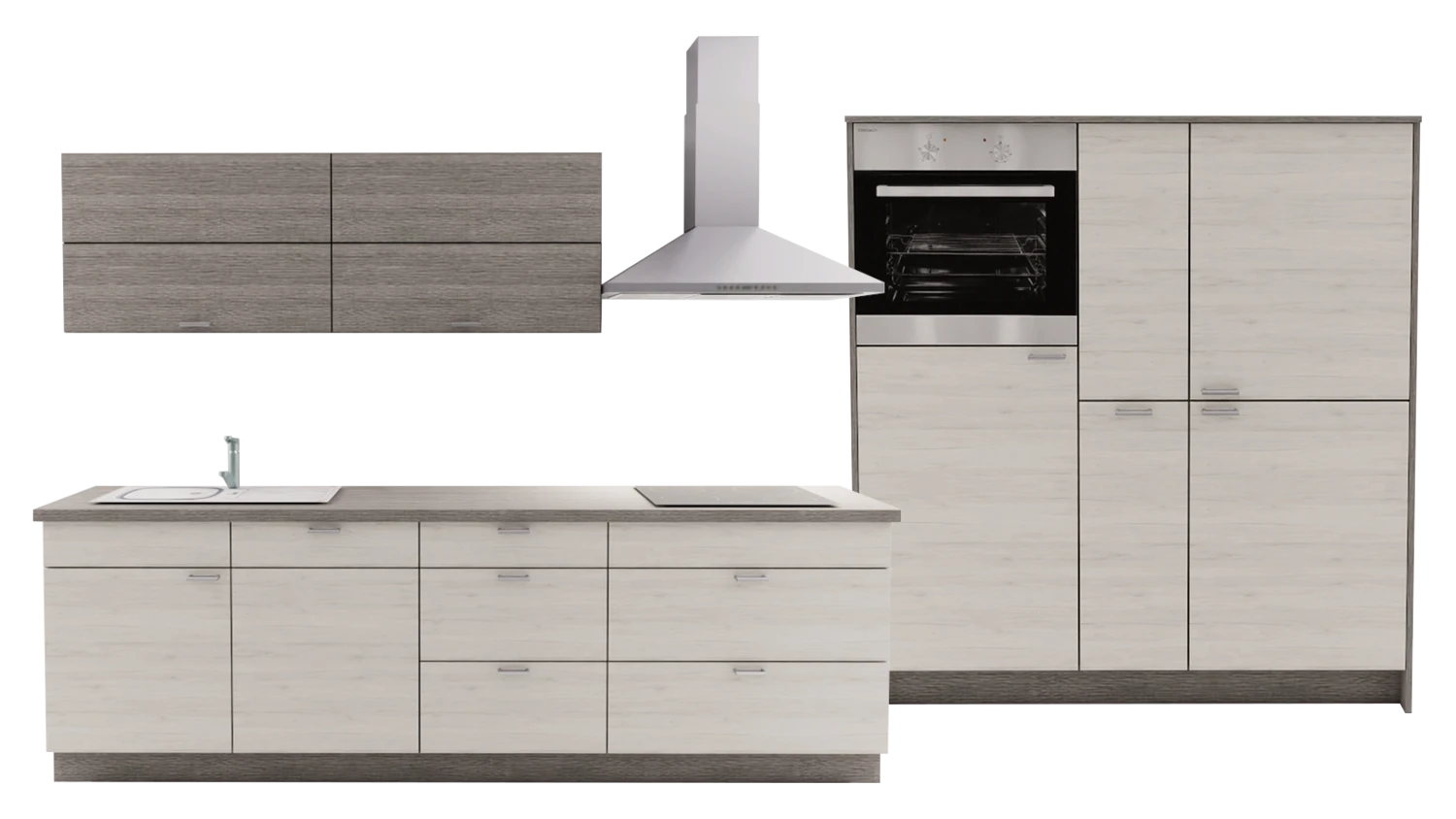 Express Küche mit Geräten in Eiche weiß & Eiche grau: zweizeilig, 274x154 cm, 428 cm, Spüle links | Doppelblock "EXK30-3-1-l"