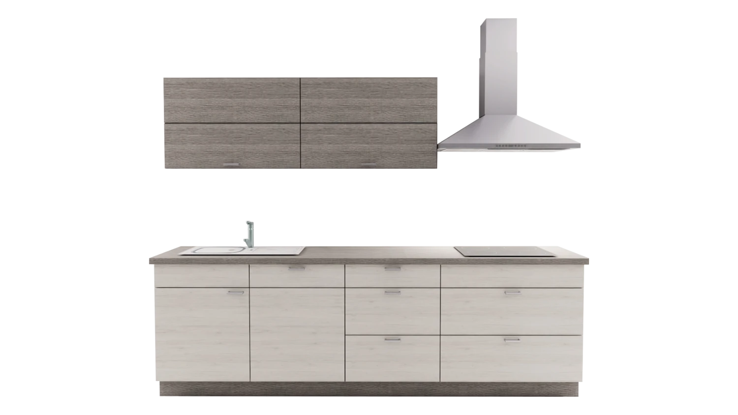 Express Küche mit Geräten in Eiche weiß & Eiche grau: zweizeilig, 274x154 cm, 428 cm, Spüle links | Doppelblock "EXK30-3-1-l" / Bild 2