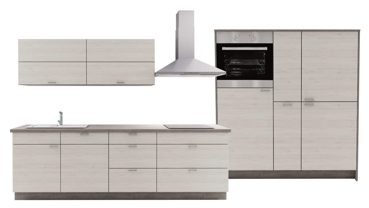 Express Küche mit Geräten in Eiche weiß & Eiche grau: zweizeilig, 274x154 cm, 428 cm, Spüle links | Doppelblock "EXK30-4-1-l"
