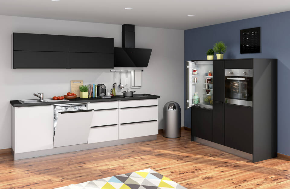 Express Küche mit Geräten in Weiß & Schwarz: zweizeilig, 274x154 cm, 428 cm, Spüle links | Doppelblock "EXK20-1-1-l"