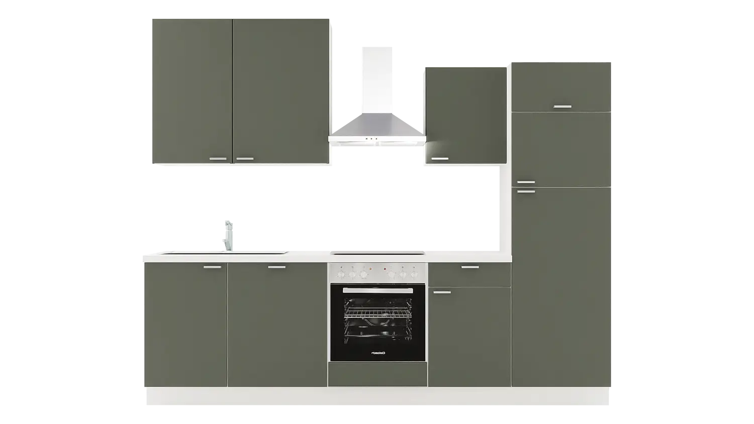 Express Küchenzeile mit Geräten in Dunkelgrün & Weiß: 280 cm, Spüle links | Singleküche "EXK660-7-1-l"