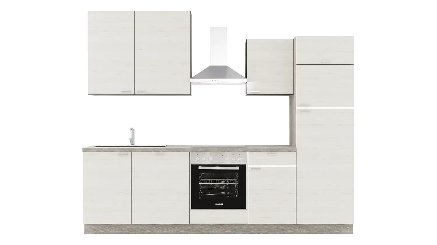 Express Küchenzeile mit Geräten in Eiche weiß & Eiche grau: 280 cm, Spüle links | Singleküche "EXK660-6-1-l"