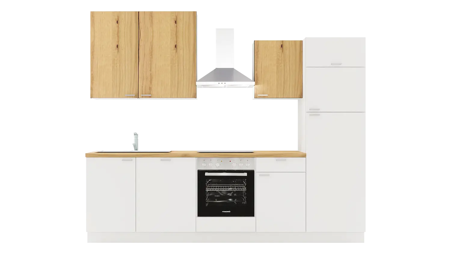 Express Küchenzeile mit Geräten in Weiß & Eiche astig: 280 cm, Spüle links | Singleküche "EXK660-4-1-l"