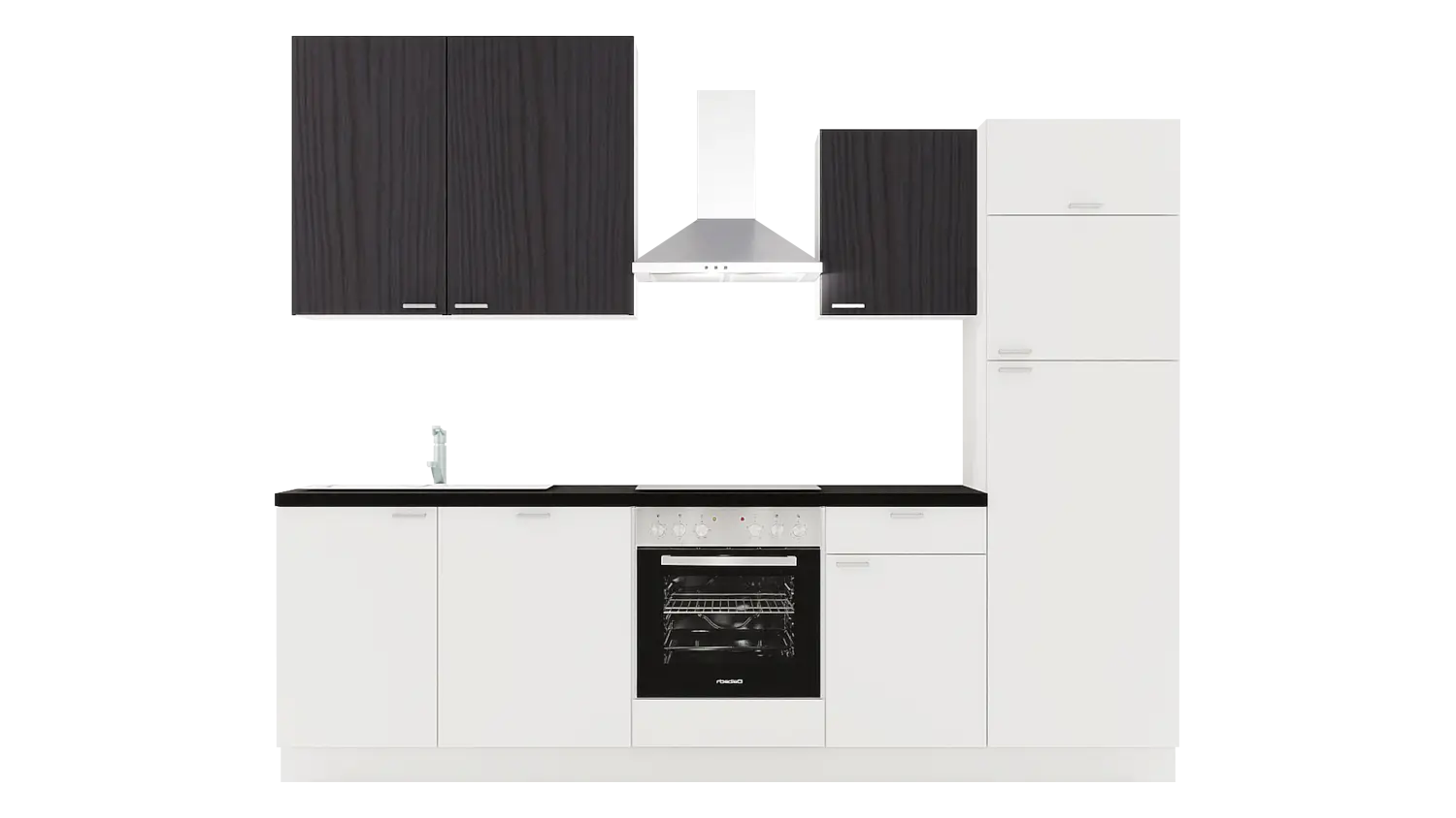 Express Küchenzeile mit Geräten in Weiß & Esche schwarz & Schwarz: 280 cm, Spüle links | Singleküche "EXK660-3-1-l" / Bild 1