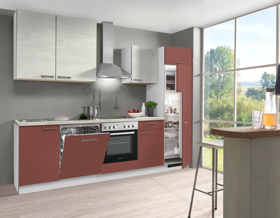 Express Küchenzeile mit Geräten in Karminrot & Beton steinweiß: 280 cm, Spüle links | Singleküche "EXK660-5-1-l" / Bild 2