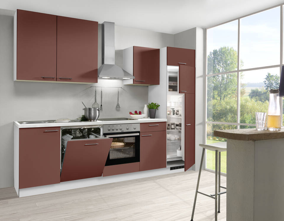 Express Küchenzeile mit Geräten in Karminrot & Weiß: 280 cm, Spüle links | Singleküche "EXK660-1-1-l"