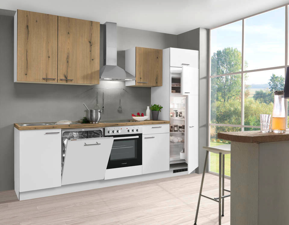 Express Küchenzeile mit Geräten in Weiß & Eiche astig: 280 cm, Spüle links | Singleküche "EXK660-4-1-l" / Bild 2