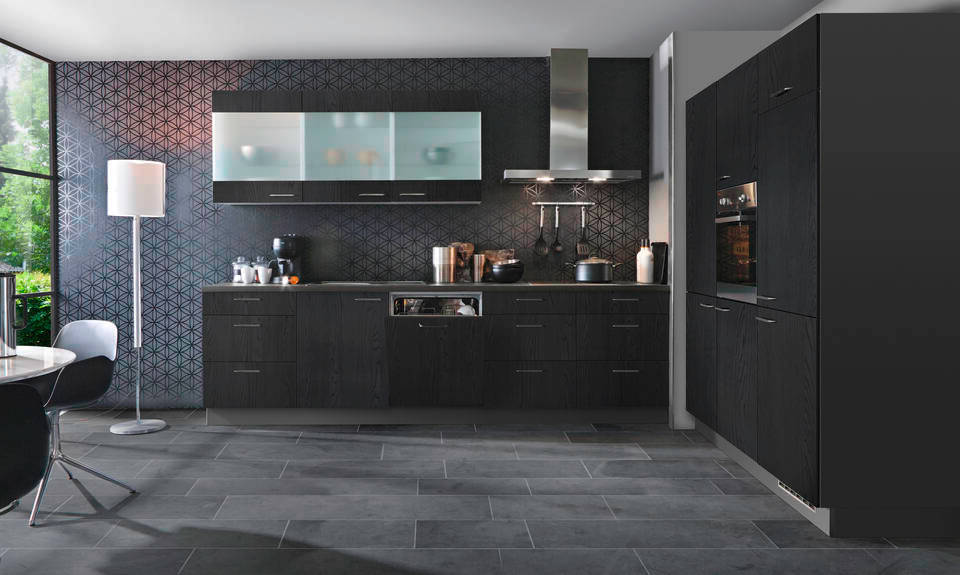 Express Küche mit Geräten in Esche schwarz & Anthrazit: zweizeilig, 300x180 cm, 480 cm, Spüle links | Doppelblock "EXK680-1-1-l"
