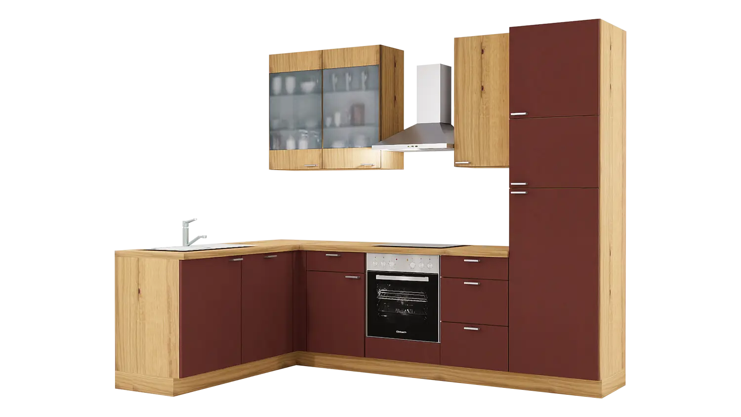 Express L-Küche mit Geräten in Karminrot & Eiche astig: 185x285 cm, 470 cm, Spüle links | Winkelküche "EXK700-1-1-l"