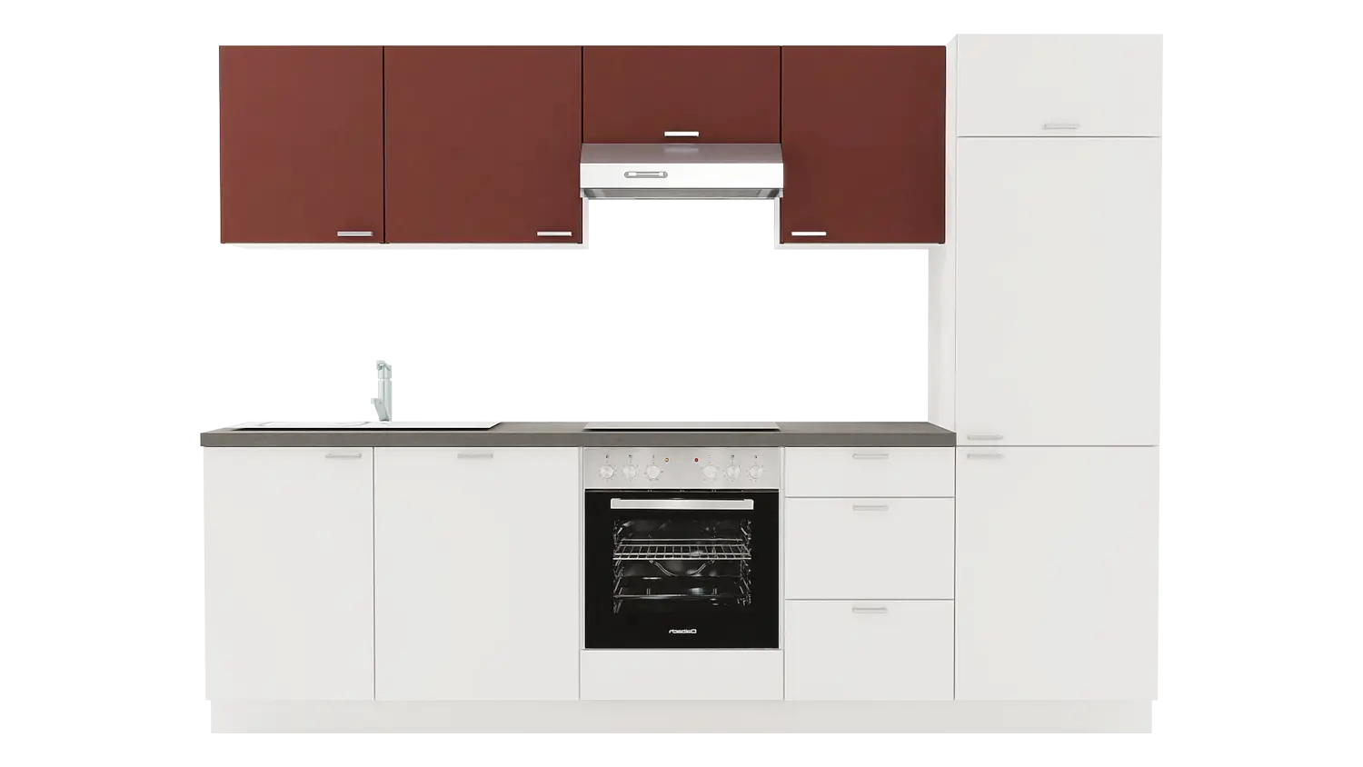 Express Küchenzeile mit Geräten in Weiß & Karminrot & Stahl dunkel: 280 cm, Spüle links | Singleküche "EXK720-1-1-l"