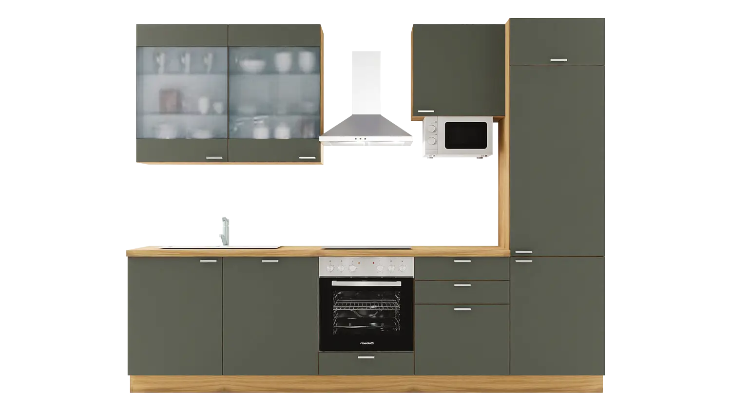Express Küchenzeile mit Geräten in Dunkelgrün & Eiche astig: 300 cm, Spüle links | Singleküche "EXK740-2-1-l"