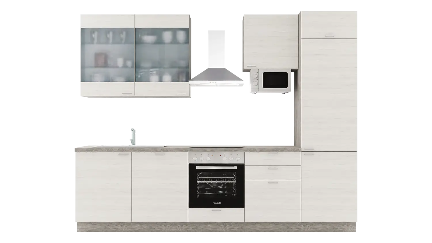 Express Küchenzeile mit Geräten in Eiche weiß & Eiche grau: 300 cm, Spüle links | Singleküche "EXK740-3-1-l"