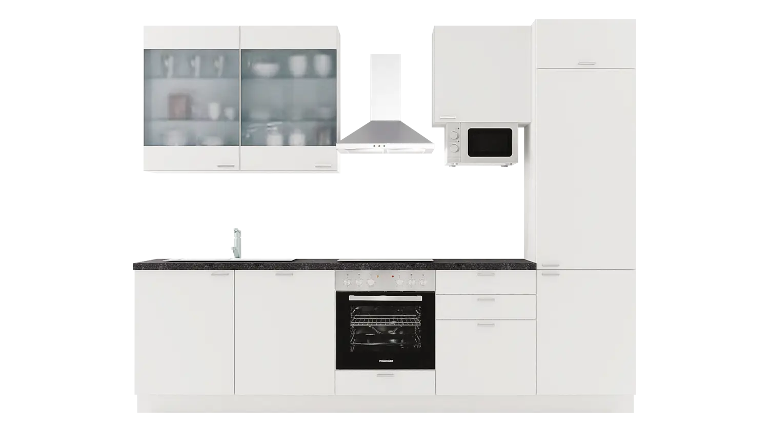 Express Küchenzeile mit Geräten in Weiß & Beton dunkel: 300 cm, Spüle links | Singleküche "EXK740-1-1-l"