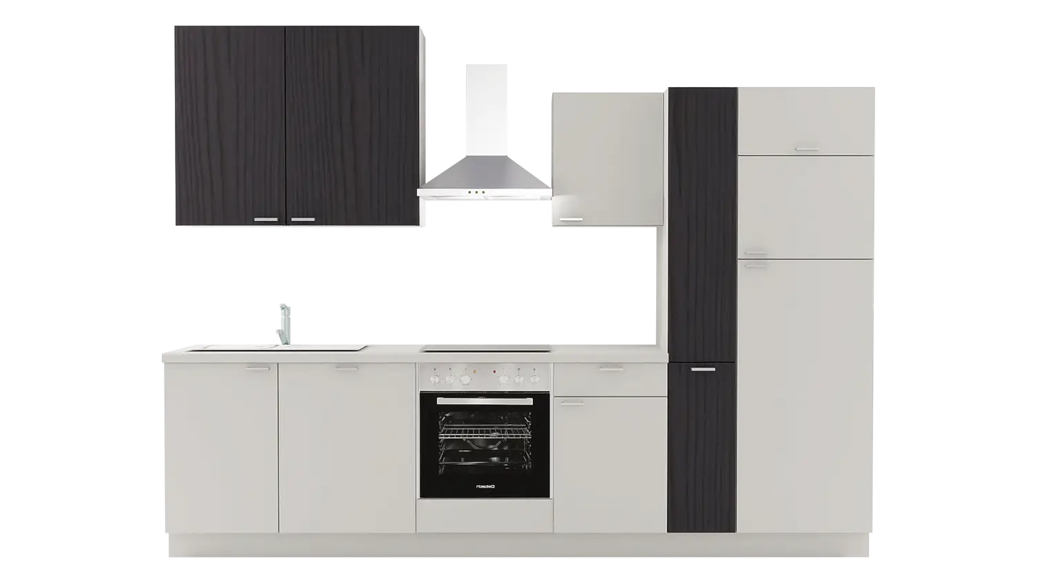 Express Küchenzeile mit Geräten in Hellgrau & Esche schwarz: 310 cm, Spüle links | Küchenblock "EXK750-1-1-l" / Bild 1