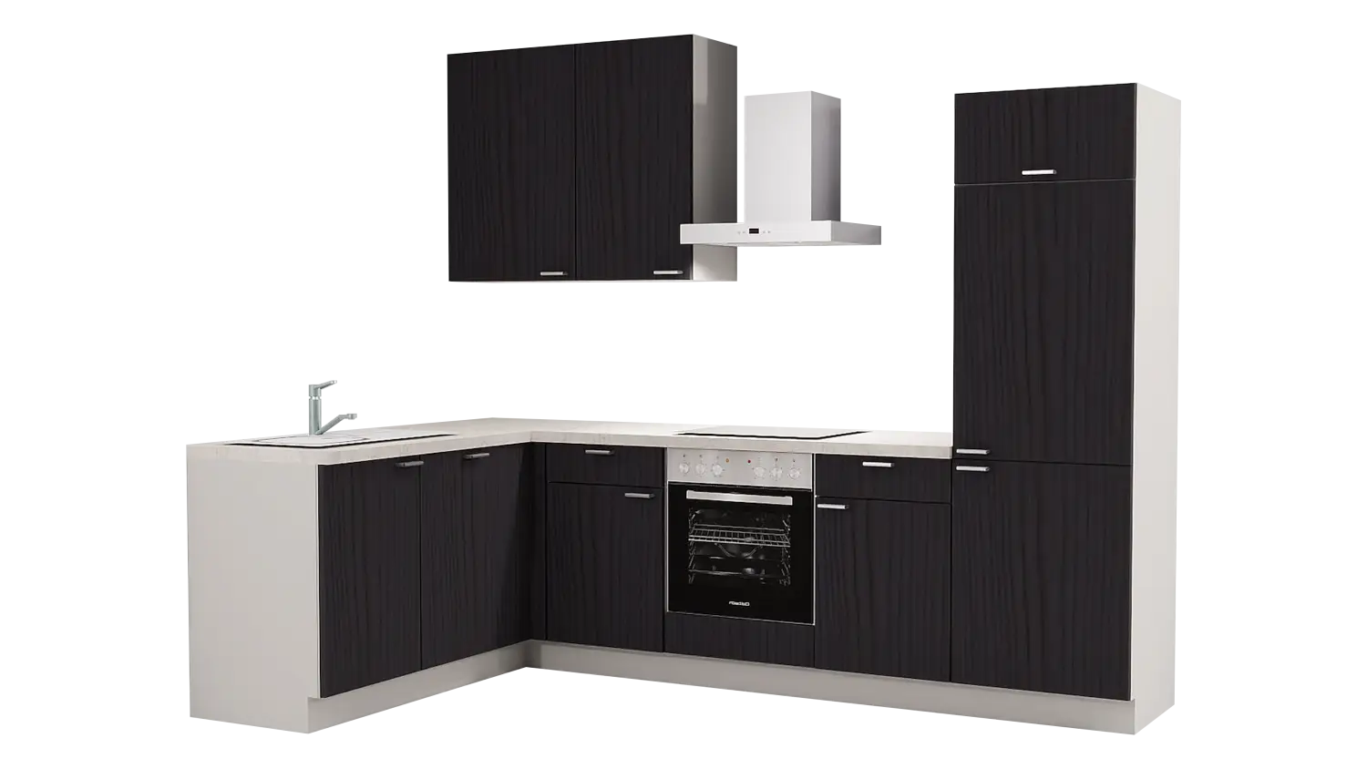 Express L-Küche mit Geräten in Esche schwarz & Beton hell: 285x175 cm, 460 cm, Spüle links | Winkelküche "EXK760-1-1-l"