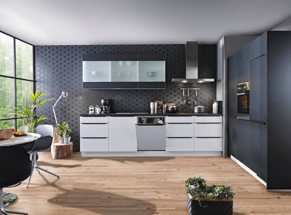 Express Küche mit Geräten in Weiß Hochglanz & Schwarz: zweizeilig, 300x184 cm, 484 cm, Spüle links | Doppelblock "EXK790-1-1-l" / Bild 2