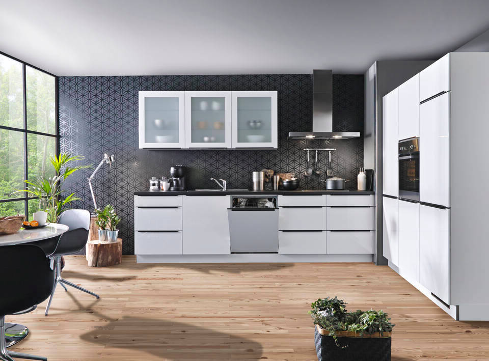 Express Küche mit Geräten in Weiß Hochglanz & Schwarz: zweizeilig, 300x180 cm, 480 cm, Spüle links | Doppelblock "EXK800-1-1-l" / Bild 2