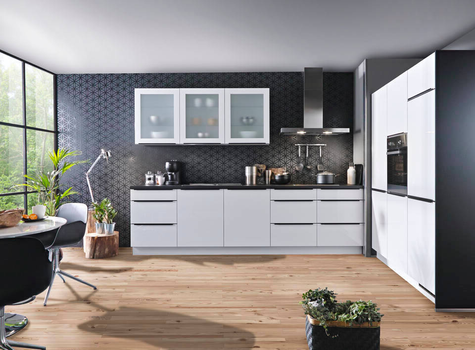 Express Küche mit Geräten in Weiß Hochglanz & Schwarz: zweizeilig, 300x184 cm, 484 cm, Spüle links | Doppelblock "EXK810-1-1-l" / Bild 1