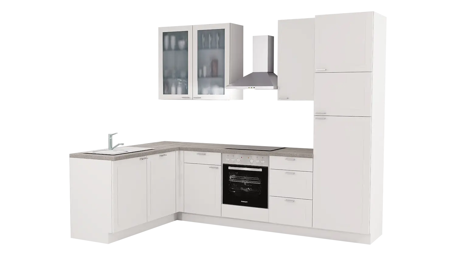 Express L-Küche mit Geräten in Weiß & Eiche grau: 185x285 cm, 470 cm, Spüle links | Winkelküche "EXK820-1-1-l"