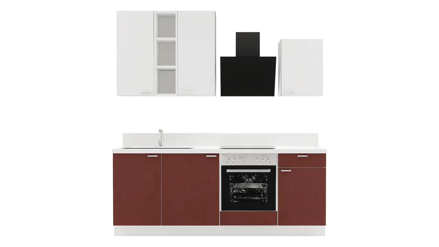Express Küchenzeile mit Geräten in Karminrot & Weiß: 220 cm, Spüle links | Singleküche "EXK840-2-1-l"