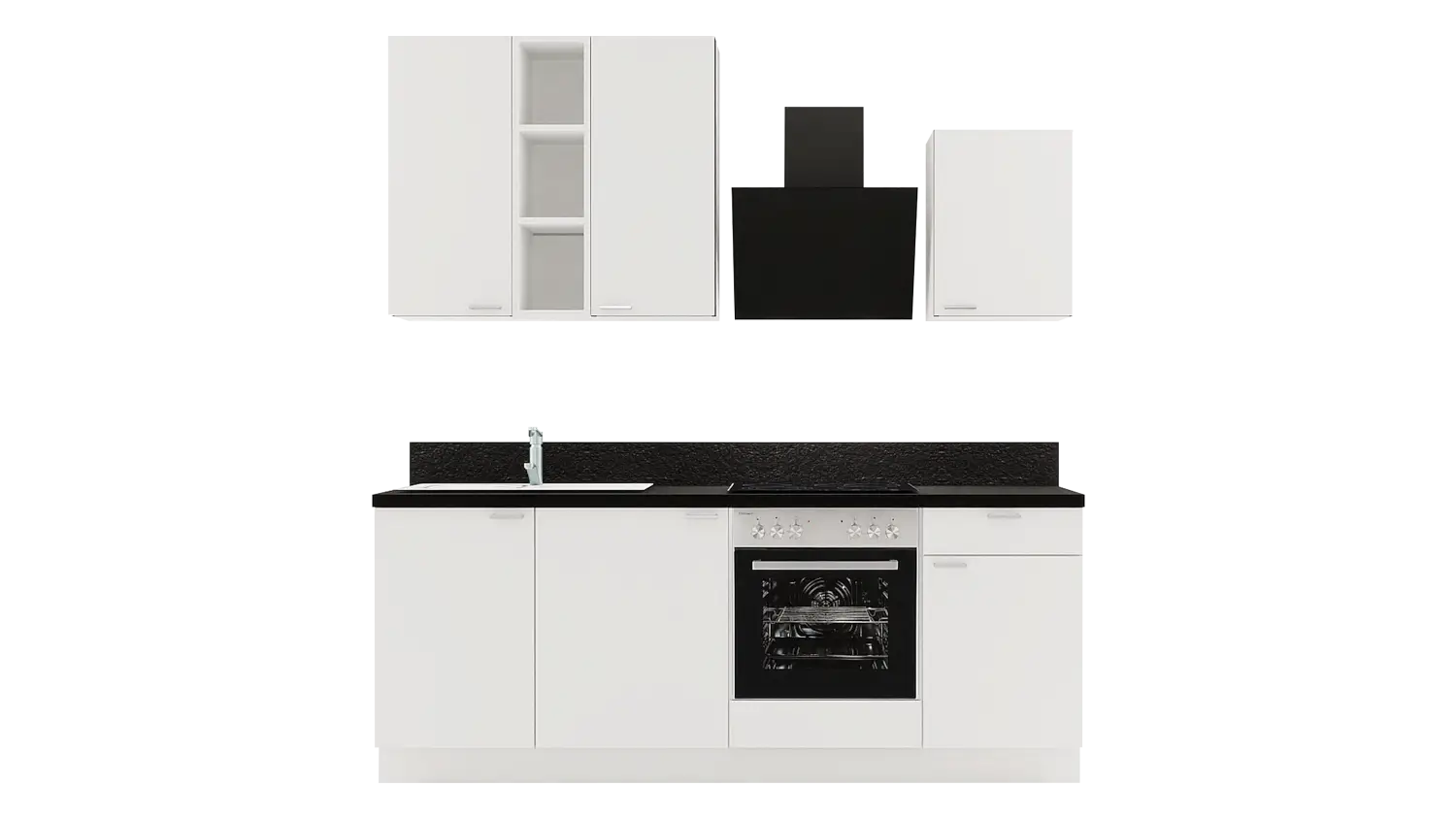 Express Küchenzeile mit Geräten in Weiß & Schwarz: 220 cm, Spüle links | Singleküche "EXK840-1-1-l"