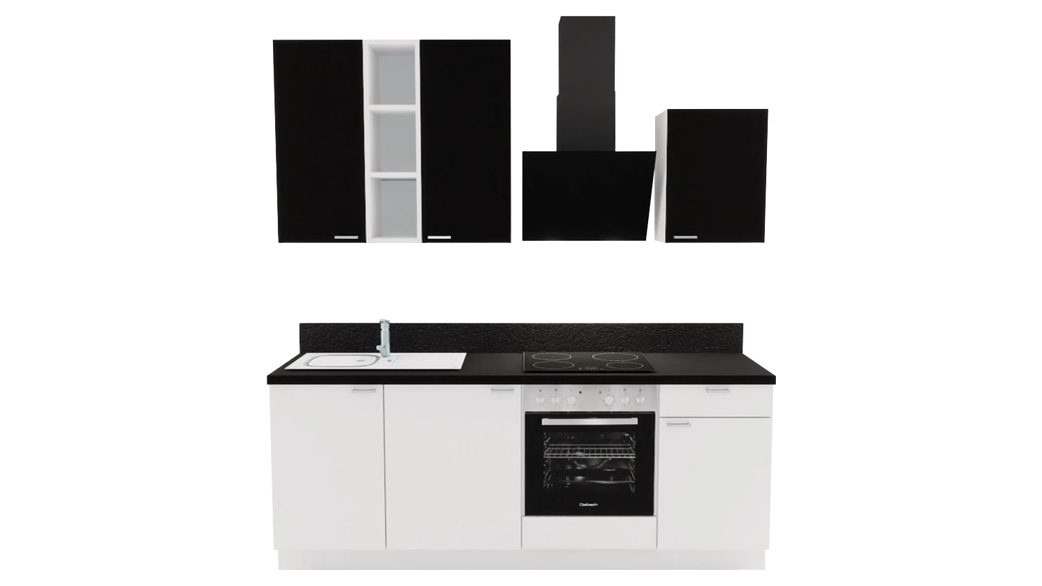 Express Küchenzeile mit Geräten in Weiß & Schwarz: 220 cm, Spüle links | Singleküche "EXK840-4-1-l"