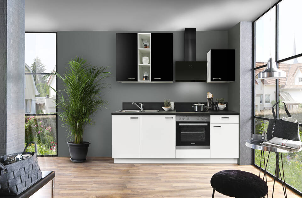 Express Küchenzeile mit Geräten in Weiß & Schwarz: 220 cm, Spüle links | Singleküche "EXK840-4-1"
