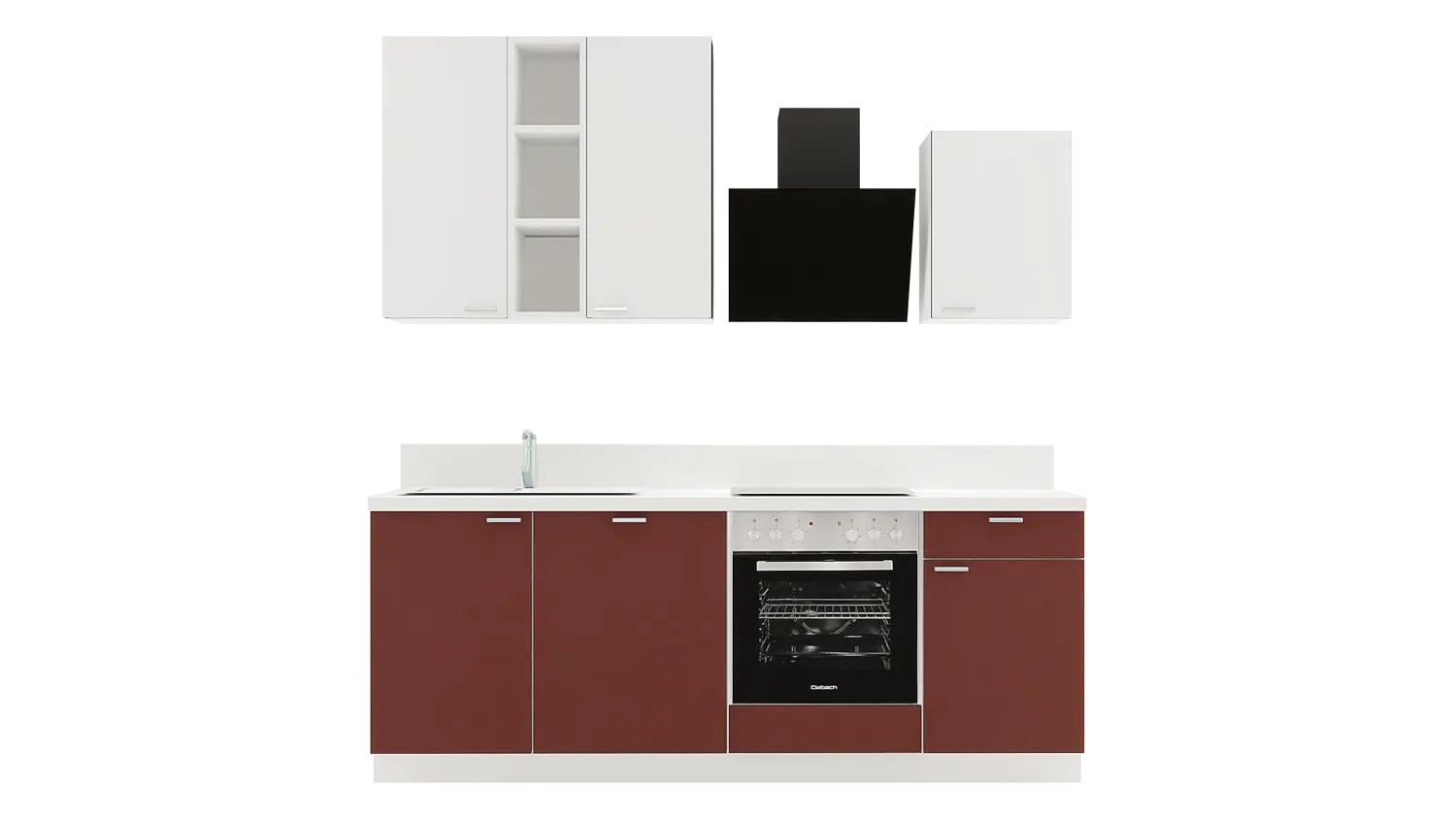 Express Küchenzeile mit Geräten in Karminrot & Weiß: 220 cm, Spüle links | Singleküche "EXK850-2-1-l"