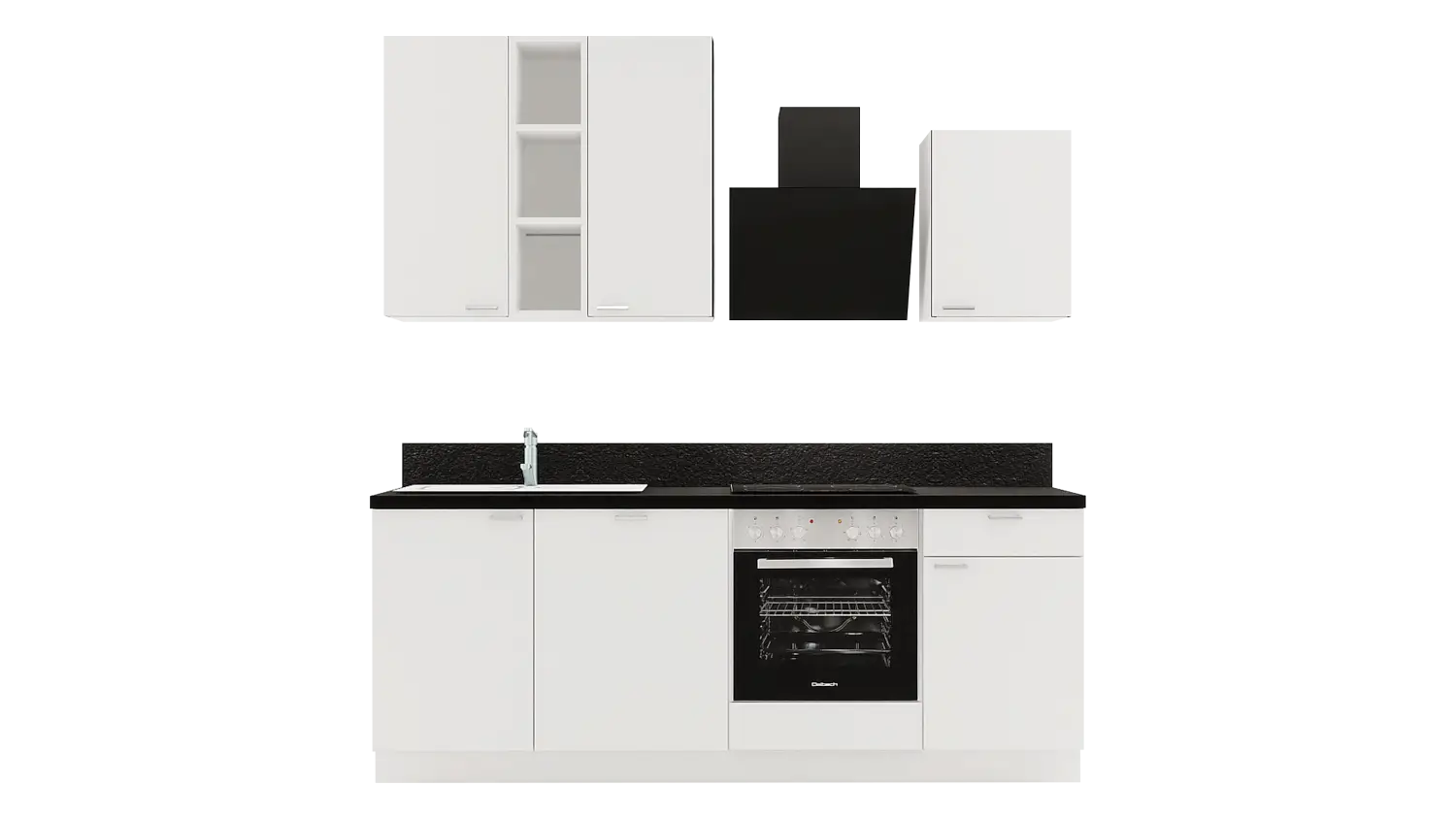 Express Küchenzeile mit Geräten in Weiß & Schwarz: 220 cm, Spüle links | Singleküche "EXK850-1-1-l"