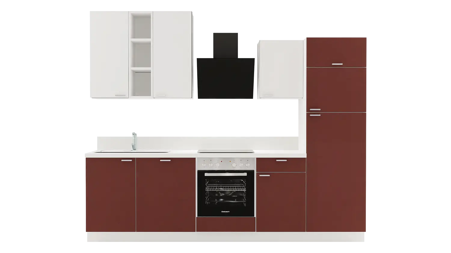 Express Küchenzeile mit Geräten in Karminrot & Weiß: 280 cm, Spüle links | Singleküche "EXK860-2-1-l"