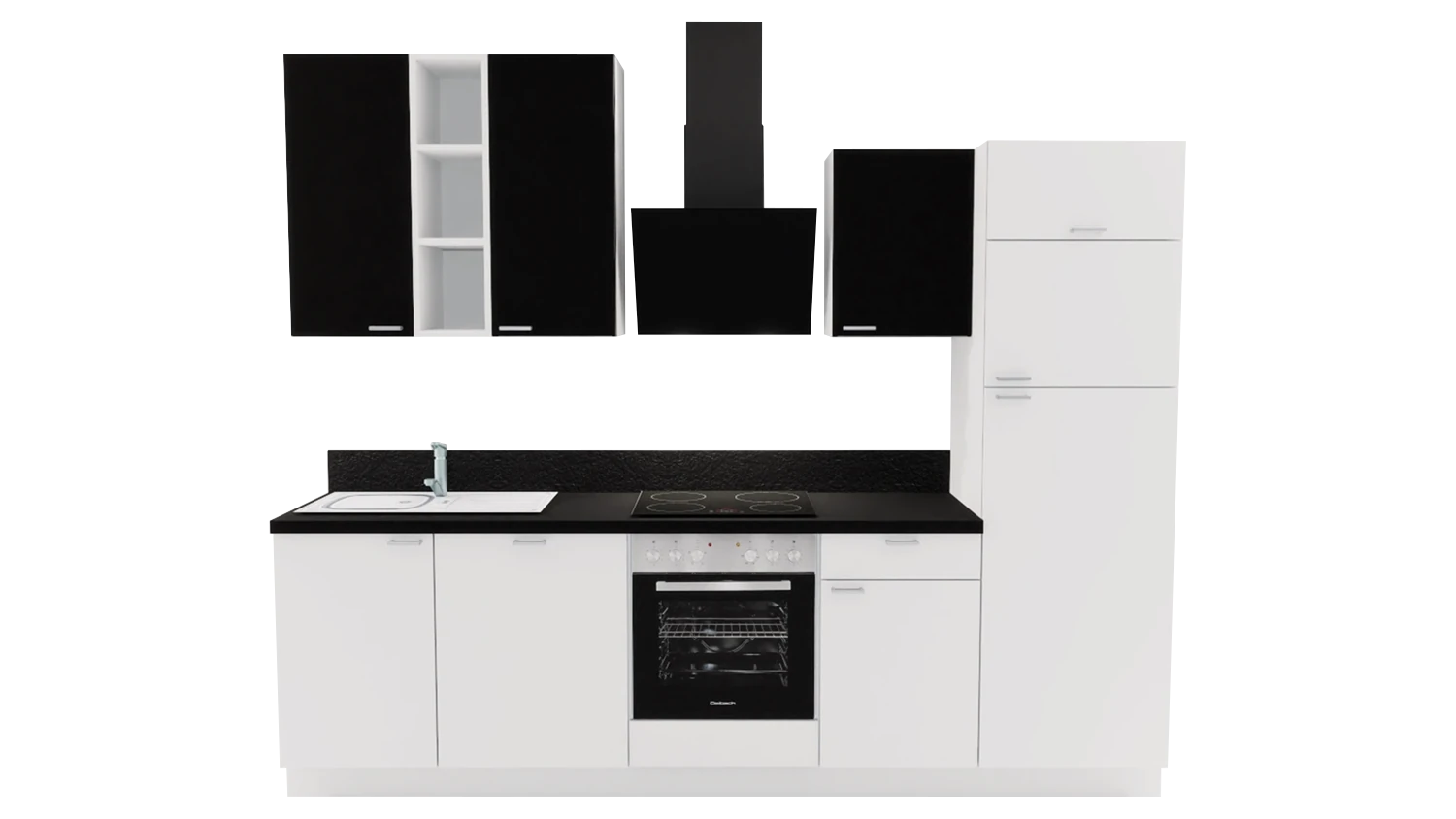 Express Küchenzeile mit Geräten in Weiß & Schwarz: 280 cm, Spüle links | Singleküche "EXK860-4-1-l"