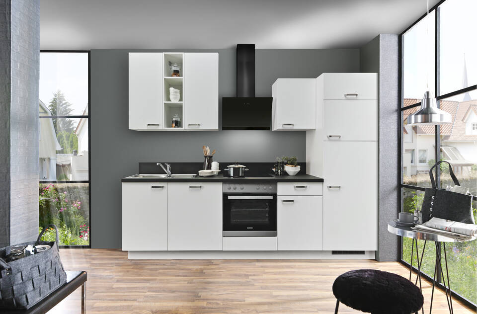 Express Küchenzeile mit Geräten in Weiß & Schwarz: 280 cm, Spüle links | Singleküche "EXK860-1-1"