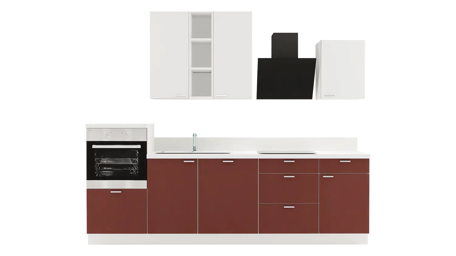 Express Küchenzeile mit Geräten in Karminrot & Weiß: 280 cm, Spüle links | Singleküche "EXK870-2-1-l"