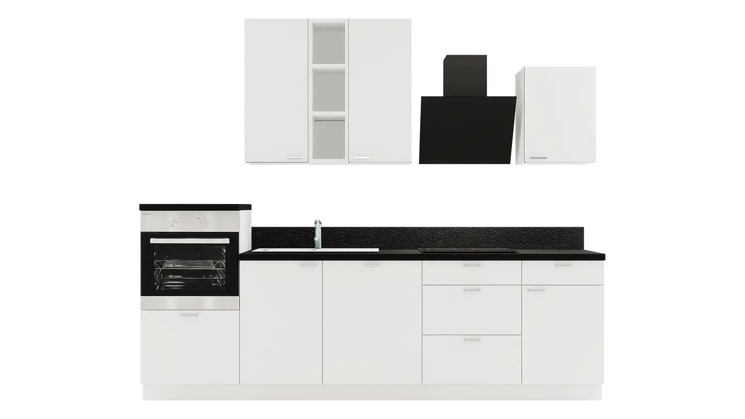 Express Küchenzeile mit Geräten in Weiß & Schwarz: 280 cm, Spüle links | Singleküche "EXK870-1-1-l"