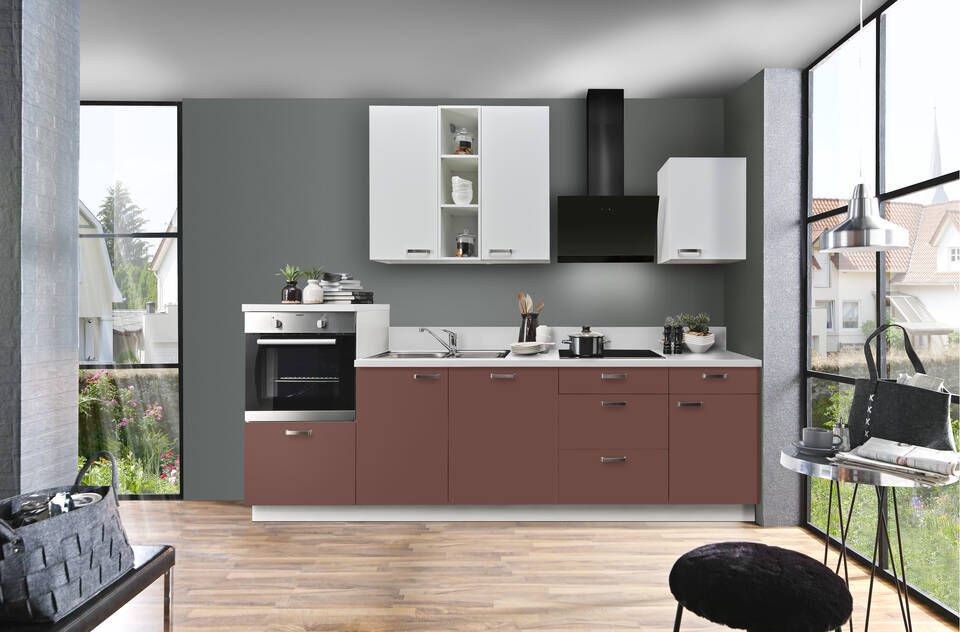 Express Küchenzeile mit Geräten in Karminrot & Weiß: 280 cm, Spüle links | Singleküche "EXK870-2-1"