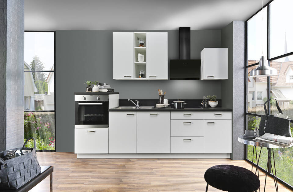 Express Küchenzeile mit Geräten in Weiß & Schwarz: 280 cm, Spüle links | Singleküche "EXK870-1-1"