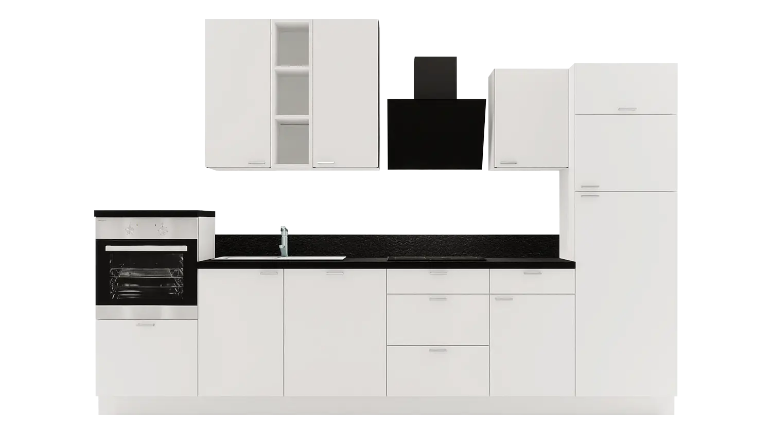 Express Küchenzeile mit Geräten in Weiß & Schwarz: 340 cm, Spüle links | Küchenblock "EXK880-1-1-l"