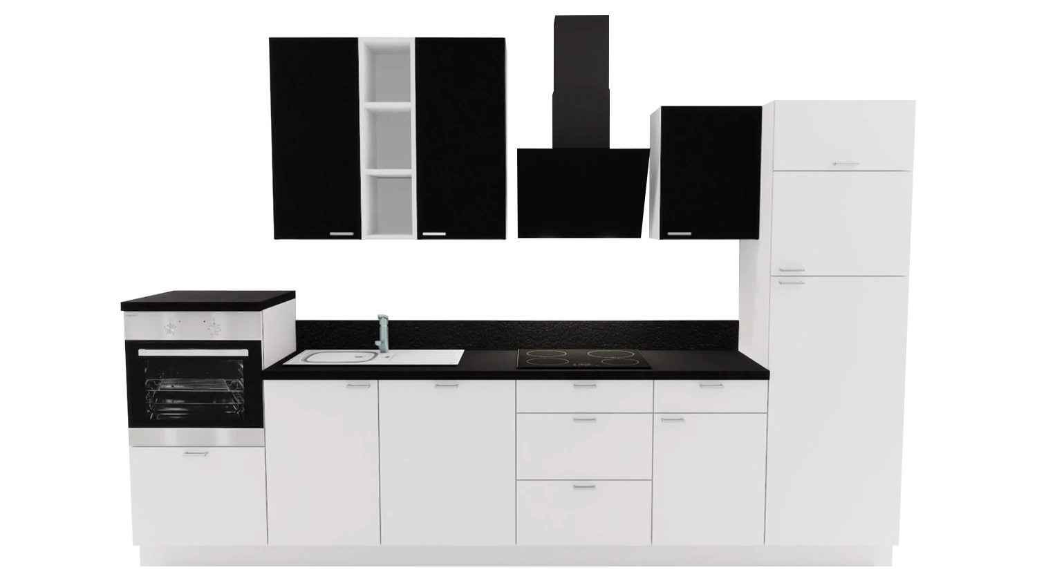 Express Küchenzeile mit Geräten in Weiß & Schwarz: 340 cm, Spüle links | Küchenblock "EXK880-4-1-l"