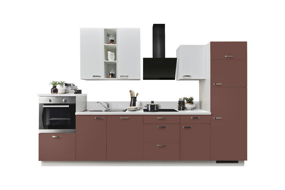 Express Küchenzeile mit Geräten in Karminrot & Weiß: 340 cm, Spüle links | Küchenblock "EXK880-2-1-l" / Bild 3