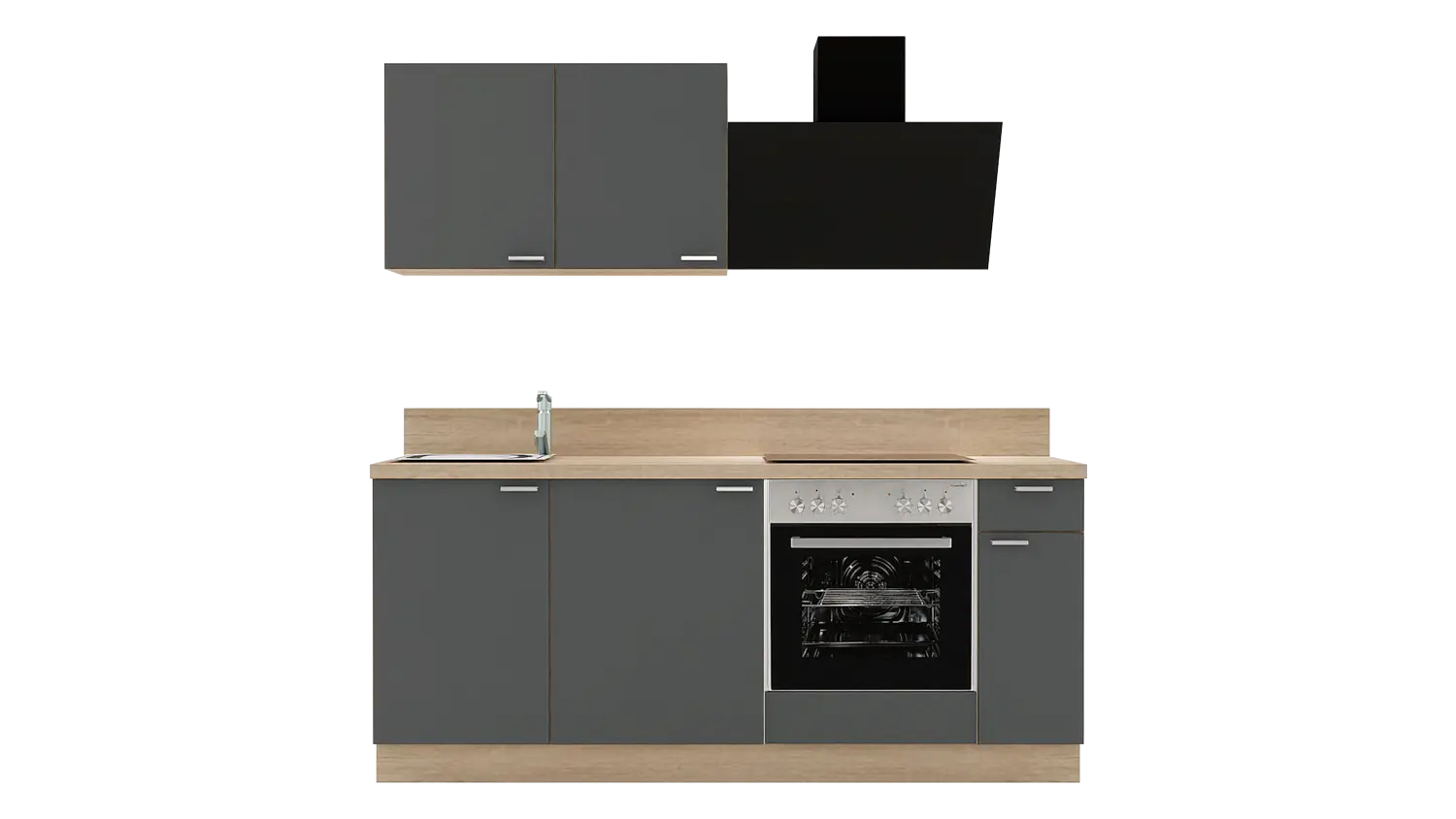 Express Küchenzeile mit Geräten in Anthrazit & Bergeiche: 200 cm, Spüle links | Miniküche "EXK890-3-1-l"