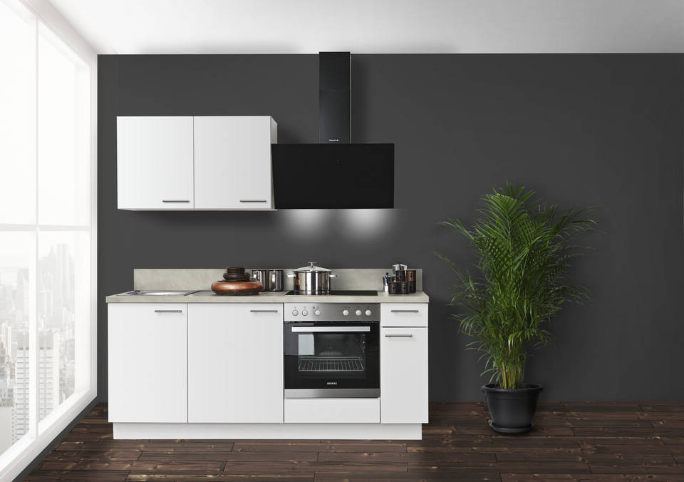 Express Küchenzeile mit Geräten in Weiß & Zement hell: 200 cm, Spüle links | Miniküche "EXK890-1-1-l" / Bild 2