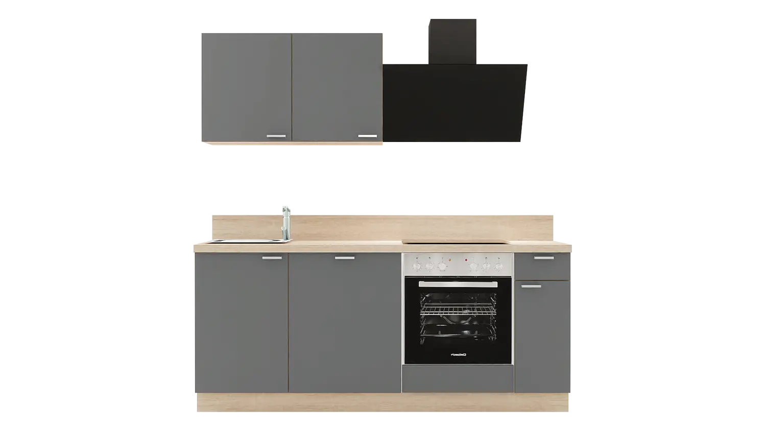 Express Küchenzeile mit Geräten in Anthrazit & Bergeiche: 200 cm, Spüle links | Miniküche "EXK900-3-1-l"