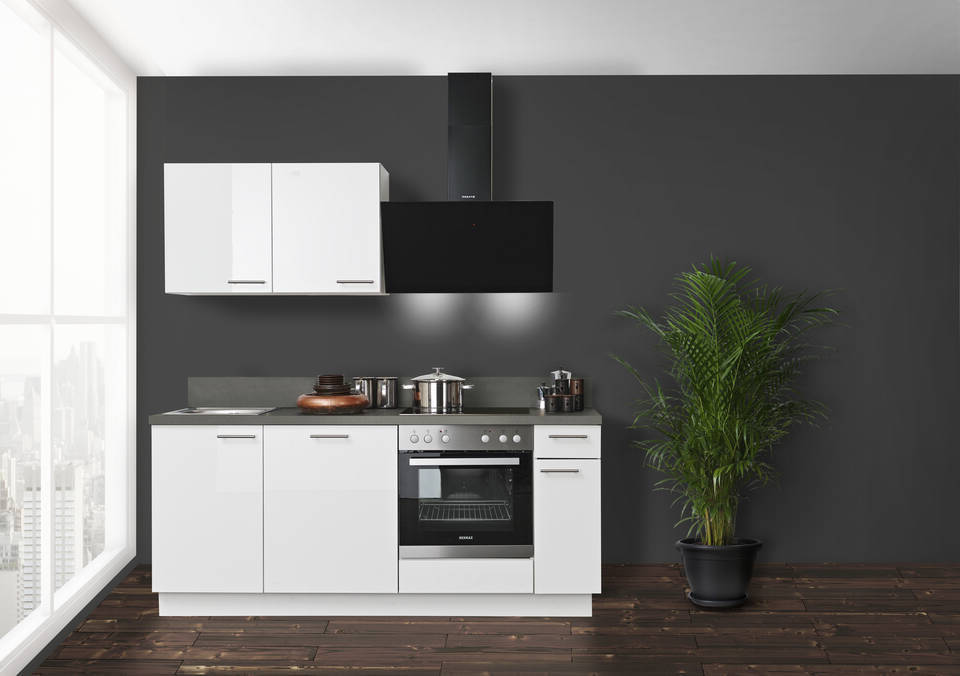 Express Küchenzeile mit Geräten in Weiß Hochglanz & Stahl dunkel: 200 cm, Spüle links | Miniküche "EXK900-5-1-l"