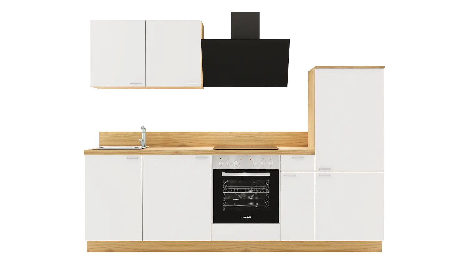 Express Küchenzeile mit Geräten in Weiß & Eiche astig: 260 cm, Spüle links | Küchenblock "EXK910-4-1-l"